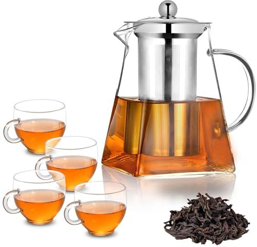 Square Glass Teapot with Infuser, Tea Pot for One, Clear Easy Clean Borosilicate for Stovetop Safe,Glass Teapots for Blooming Tea,Loose Tea,Flowering Tea (950ML+4CUPS)