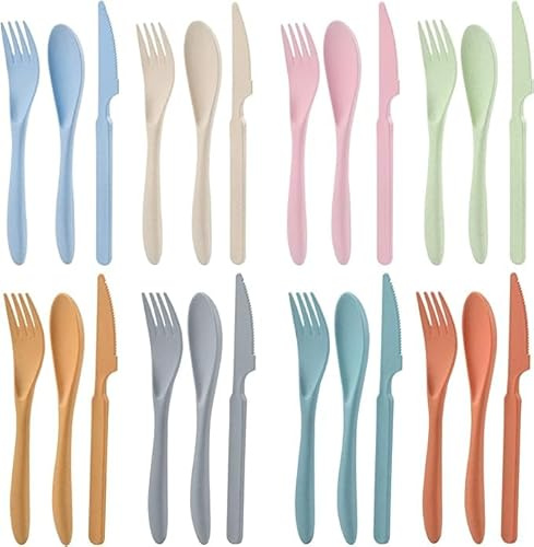 Zoyiancy 24Pcs Cutlery Set, Reusable Dinner Spoon Knife and Fork Sets | Plastic Flatware Set for Party, Travel, Work Lunch, Picnic, Camping or Daily Use (8 Sets - Multiple Colors)