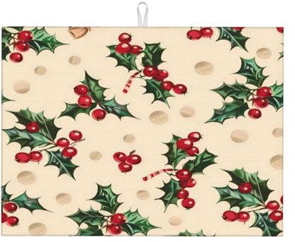 Alfombrilla Secado Para Platos Patrón De Hojas De Acebo De Navidad Alfombrilla Secado Absorbente Escurridor Estera De Secado, Para Fruta, Fregadero, Ollas Y Sartenes, 41x46cm
