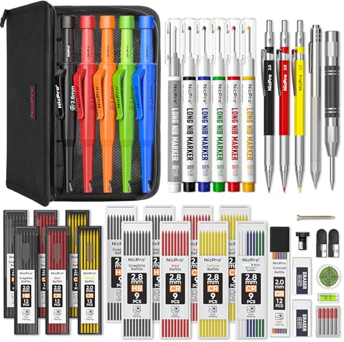Nicpro 44 Pack CP3000 Carpenter Pencils with Sharpener, Mechanical Carpenter Pencil set with 169PCS Refills, Long Nib Marker Pens, Carbide Scribe Tool & Construction Pencils for Architect Woodworking