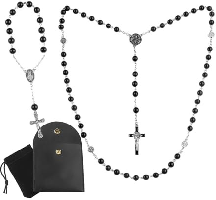 UYUYong Katholische Rosenkranz Kette Armband Vintage Kruzifix Perlen Schwarz Rosenkranz Halskette Christliche Gebet Perle Rosary mit Kunstleder Geschenktüten Kordelzugbeutel Taufe Kommunion Rosenkranz