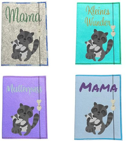 Mutterpasshülle Filz bestickt – personalisiert – Waschbär mit Baby – Wunschtext – Ultraschallfach – Geschenk Schwangerschaft – Baby – kleines Wunder – Filzhülle