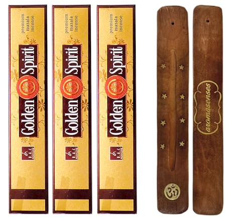 Aromasenses | 3-pack rökelser Golden Spirit Balaji Masala + gåva aromsenses rökelsebrännare | Naturlig | 15 g x 3 = 45 g | Avkoppling | meditation | Yoga