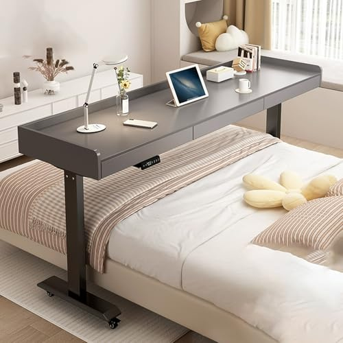 Scrivania regolabile elettrica mobile in altezza con cassetto, tavolo overbed domestico con ruote, tavolo da letto di rotolamento ospedaliero, sopra il tavolo di lavoro del letto per il computer