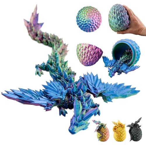 Dragón en huevo 3D - Figura decorativa coleccionable de 23 cm con huevo de 12 cm, dragón azul-verde-morado, elemento móvil, decoración de fantasía (14+)