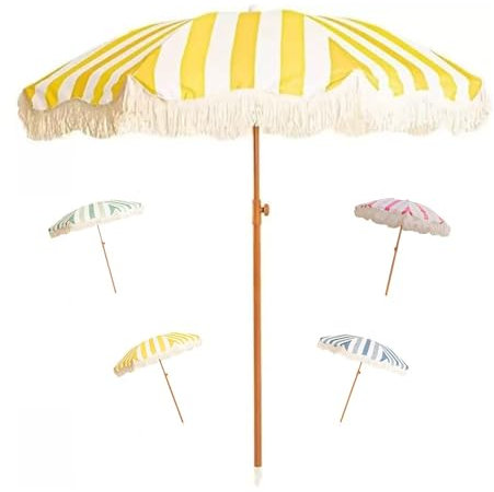 Élégant parasol de plage de 200 cm avec franges, parasol incliné, auvent de jardin romantique, imperméable et protection UV50+, parfait pour la détente en plein air (jaune)