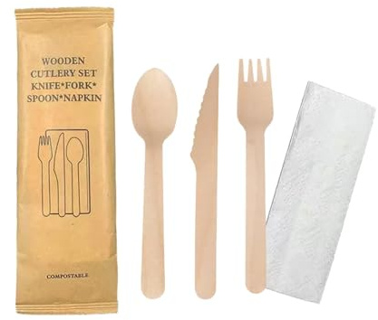 100 kits de couverts 4 en 1 jetables en bois fourchettes + couteaux + cuillères +serviettes