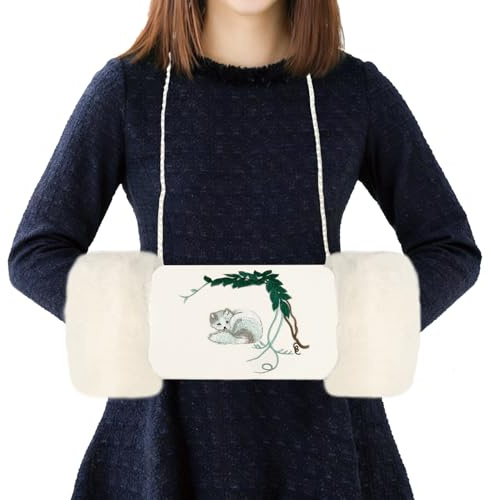 MatFirsmo Faux Fur Hand Muffs, Portable Hand Warmer with Pouch and Strap, Cute Embroidery Pattern White Arm Warmers for Women Girls Kids