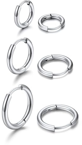 U7 3 Paare Creolen Damen Herren Klein Kreolen Set | Helix Schlafen Ohrringe, Silber/Gold/Schwarz, 8mm10mm12mm / 7mm9mm12mm