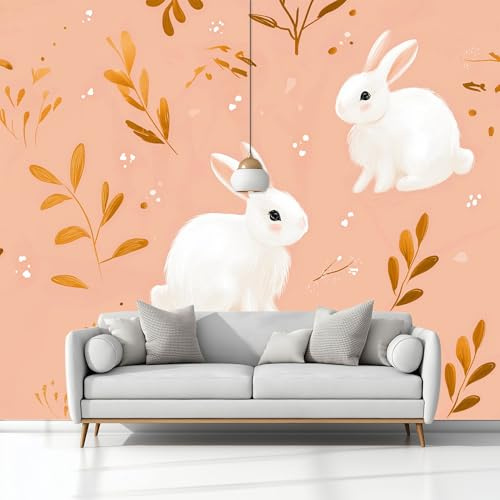 Animali Dei Cartoni Animati Coniglio Foglie Carta da Parati In Tessuti non Tessuti 300 x 210 cm Murali, Colore Arancione Fotomurale Murale, Soggiorno Camera da Letto Cameretta Dei Bambini Decorazione
