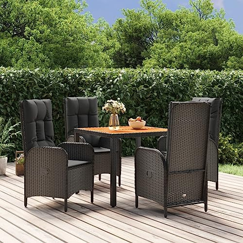 QJBSAVVA 5-TLG. Garten-Essgruppe Schwarz Poly-Rattan Tisch 90x90 cm Stühle klappbar Liegefunktion platzsparend für Balkon Terrasse und Garten