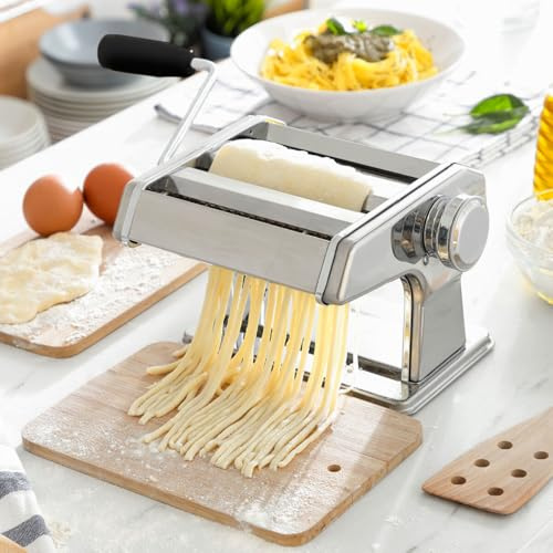 Machine à Pâtes Fraîches Manuelle, Laminoir Inox 3 Rouleaux, Épaisseur Réglable 8 Niveaux, Spaghettis Tagliatelles Lasagnes, 21×13,5×19,5 cm