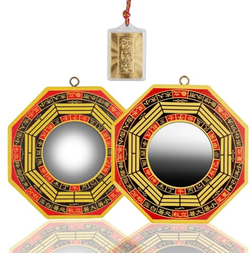 Pretwad Set di 3 specchi tradizionali cinesi bagua, 10,2 cm, concavi e convessi, per Feng Shui, in legno autentico, specchi cinesi Feng Shui per divinazione, per casa, lavoro, protezione fortunata