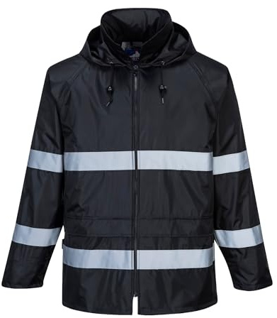 Portwest F440 Men's Hi Vis Waterproof Rain Jacket - Classic Iona Reflective Rain Jacket Black, Large