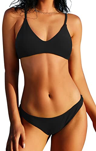 ZAFUL Women's Solid Spaghetti Strap Bralette Bikini Set Two Piece Swimsuit (1-Black, M)