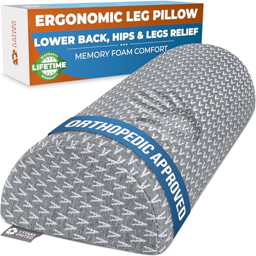 5 STARS UNITED Knee Pillow for Back Sleeping – Memory Foam Cushion for Sciatica Pain Relief – Under Leg Support for Sleeping on Back – Half Moon Bolster for Bed, Grey