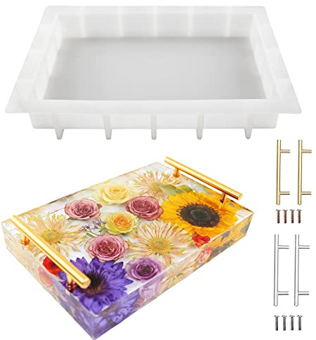 JEYUQAXY Moldes de bandeja de silicona grandes para resina, 13.5 x 9.5 pulgadas de profundidad, moldes rectangulares de epoxi con 4 asas doradas y plateadas, molde de mesa de resina para mesa de río