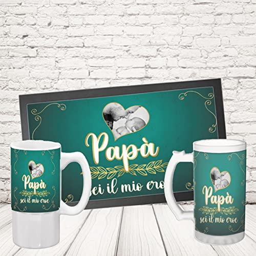 Kit Barman COPPIA TAPPETINO per BANCONE da BAR PIÙ BOCCALE ” PAPA’ SEI IL MIO EROE CON FOTO “ Bicchiere BIRRA IN CERAMICA O VETRO SATINATO PERSONALIZZABILE idea regalo per Papà