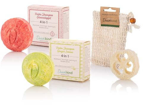Duschkind Festes Shampoo 4-in-1 Set Ginger Lemon & Granatapfel 2 x 56 g – Shampoo/Duschgel/Conditioner/Rasiercreme – Handgemacht in Deutschland – Vegan, Plastikfrei, inkl. Sisalsäckchen & Luffa