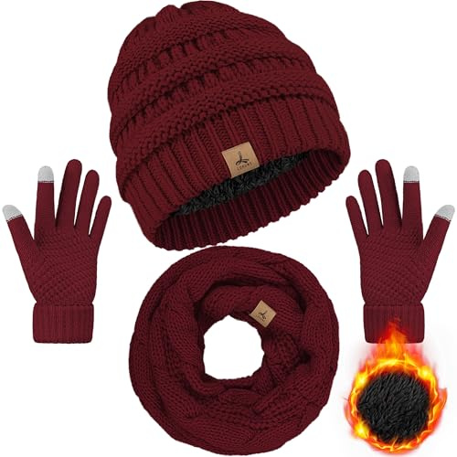 Wintermütze, Schal, Handschuhe, warme Fleece-Strickmütze, Touchscreen-Handschuhe, Halstuch-Set, Wintergeschenke für Unisex-Erwachsene