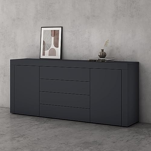 doporro Kommode 167cm Sideboard mit 2 Türen 4 Schubladen grifflos | Sideboard Wohnzimmer mit verstellbaren Böden, matt Anthrazit Schubladenschrank, viel Stauraum, BxTxH:167x36x70cm, Schrank03