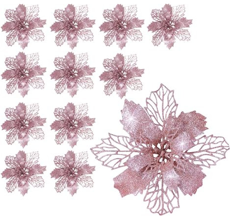 SALADOCY 12 Pièces Décoration de Noël Fleurs, Poinsettia Glitter Ornement, Fleur Artificielle, Ornements de Décoration (Or Rose)