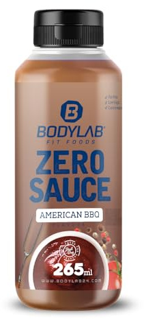 Bodylab24 Zero Sauce BBQ Américain 265ml, pauvre en calories, seulement 3-9 kcal par portion de 15g, réduite en graisses et en sucres, parfaite pour affiner les plats