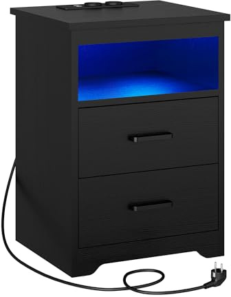 KIMENICH Nachttisch mit LED-Beleuchtung，Nachtschrank mit Ladestation，USB-Anschlüssen，2 Schubladen，Sofatisch, für Schlafzimmer, Wohnzimmer (1, Schwarz)
