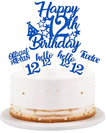 bng-bng 12th Birthday Cake Topper Decorations Boys Blue Glittery Happy 12th Birthday Cake Decoration Cupcake Toppers for Boys and Girls Official Pre-teen Teen Age 12 Party Supplies