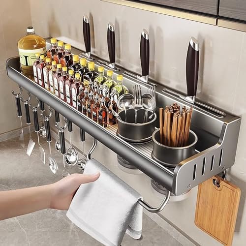 Edumov Gewürzregal Küchenregal Wand ohne Bohren, Gewürzregal Hängend mit Küchenutensilienhalter und Haken, Küchen-Organizer, Gewürzständer Schranktür für Küche Badezimmer Balkon(Gun Gray,50cm)