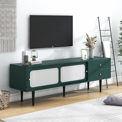 Soweiz Stilvoller TV-Ständer mit Rattan-Schiebetüren und praktischen Schubladen,2 Schubladen, 2 Rattan-Schiebetüren, 4 Fächer mit beweglichem Laminat (Grünes Weißes)