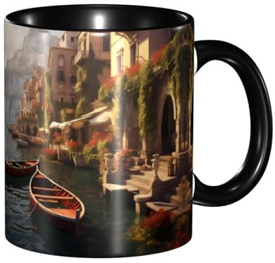 YYHHAOFA Tasse en céramique noire pour cappuccino, latte, céréales, yaourt, lait, boissons chaudes ou froides, four à micro-ondes, motif italien