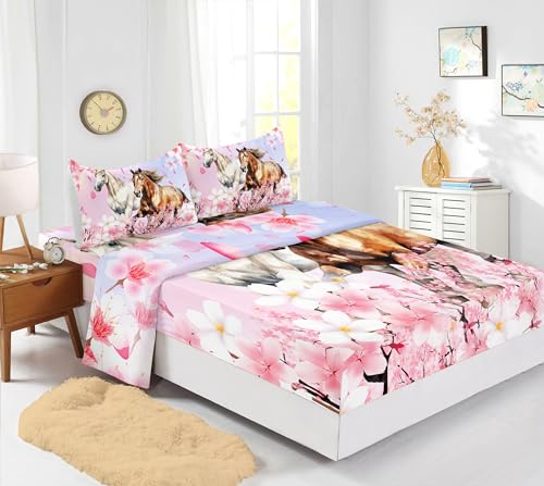 XYNHML Kids Galloping Horse Fitted Sheet Set 4Pcs Full Animal Theme Handsome Horse Chic Cherry Blossom Bed Sheet Wild Animal Bed Cover for Boy Girl Includes 1 Fitted Sheet,1 Flat Sheet,2 Pillowcases