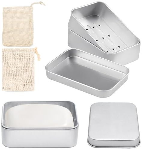 Mooshy 2 Stück Seifendose aus Aluminium, Seifenschalen mit Abtropfgitter Sisal Seifensäckchen und Schaumnetz, Seifenbox für zu Hause oder auf Reise Seifenbehälter Seifenbox Wasserdicht (M)