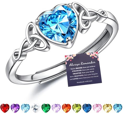 JeweBella Ring Silber 925 Damen Verstellbarer Herz Geburtsstein Keltischer Knoten Ringe Frauen Verlobungsring Eheringe Fingerring Trauringe Engagement Promise Ring Damen Ring Schmuck mit Geschenkbox