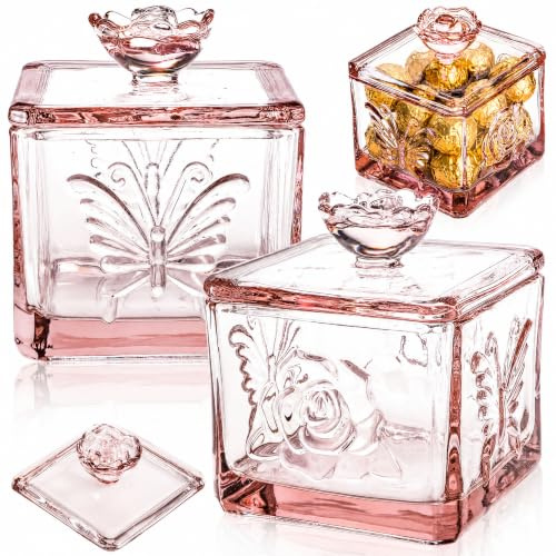 Goaste 2 Pack Glass Candy Dish with Lid, 440ml Embossed Clear Candy Jar, Decorative Crystal Covered Sugar Bowl, Vintage Jewelry Storage Trinket Box for Candy Buffet, Wedding, Home Decoration (Pink)