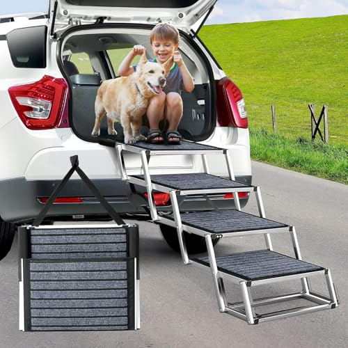 Snagle Paw Extra breite Hunderampe für Autos, Aluminium-Hundetreppe für Auto mit rutschfestem Teppich, 4 Stufen, leichte Haustier-SUV-Stufe, einfach zu zusammenklappende Haustiertreppe für SUV, LKW,
