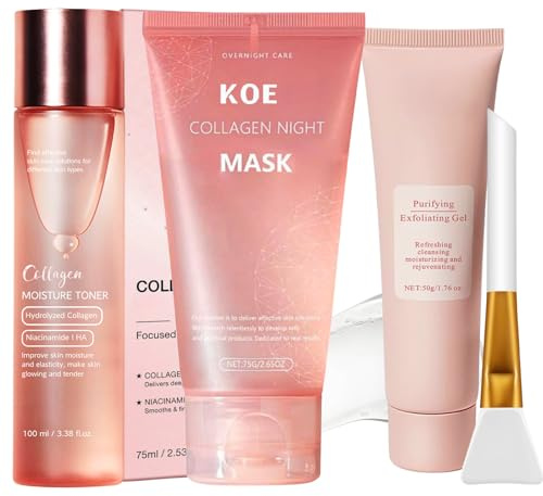 Collagen Night Wrapping Mask & Purifying Exfoliating Gel & Triple Collagen Toner, CollagenMask Skincare Set - Reduces Sag & Dull, Hydrolyzed Korean Face Mask For Elasticity Care