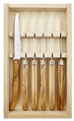 Andre Verdier Laguiole Steak Knife Set of 6 with Sharp Serrated Edge and Olive Wood Handles in Wooden Gift Box