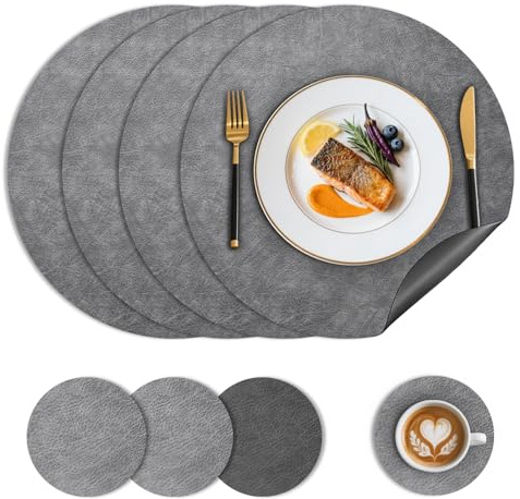Nymblis Round Placemats and Coasters Set of 4, Dual-Sided Table Mats | Washable & Non-Slip, Wipeable and Waterproof, Heat Resistant, Grey