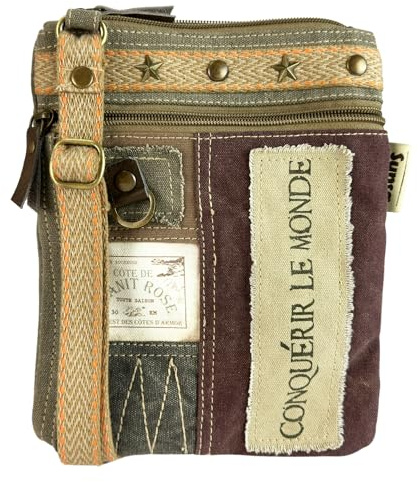 Sunsa Kleine Vintage Damen Crossbody in Patchwork Design. Khakigrün braun | Canvas Umhängetasche aus Leinwand & Leder. Schultertasche mit 3 Reißverschlussfächern & verstellbarem Crossover-Schultergurt