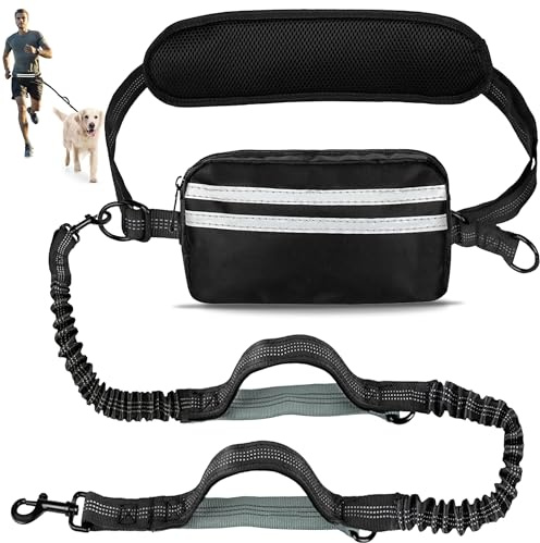 Exquilnova Hundeleine mit Hüfttasche, doppelte Hundeleine mit reflektierenden Nähten, verstellbarer Hüftgurt, Laufgürtel für mittelgroße und große Hunde, Laufen, Walking, Joggen, Wandern (für 1 Hund)