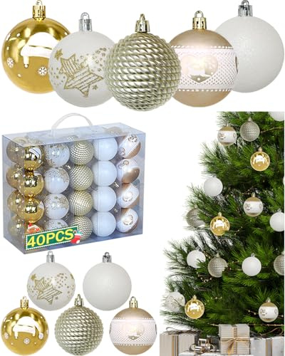 40er Set Weihnachtskugeln, Christbaumkugeln Kunststoff Bruchsicher mit Anhänger, Weihnachtsbaumkugeln mit matten, glänzenden und glitzernden Oberflächen, Weihnachtsbaum Deko Weiß & Gold, Ø 6 cm