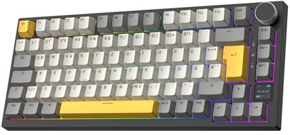 EPOMAKER Ajazz AK820 Pro ISO-DE Mechanische Tastatur Kabellos, RGB 75% Gaming-Tastatur QWERTZ DE Layout, BT/2,4 GHz/Kabel, TFT-Display, Creamy Gasket, Für Win/Mac/PC (Schwarz Gelb, Gift Switch)