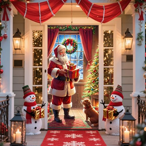 ECBEITF Weihnachten Tür Abdeckung Deko 200 X 90 cm, Weihnachtsmann Hängen Banner Hintergrund mit Selbstklebendem Haken-und-Schlaufen-Band, Weihnachtstür Dekoration für Innen und Außenbereich