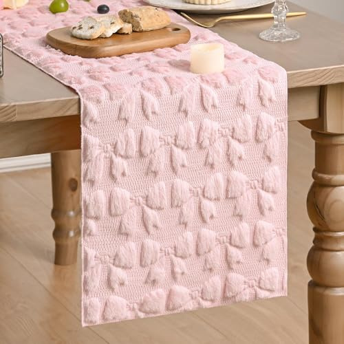 Artoid Mode Weich Plüsch Samt Faux Pelz Rosa Schleife Valentinstag Tischläufer, Muttertag Hochzeit Küche Tisch Urlaub Party Dekor 33x153 cm