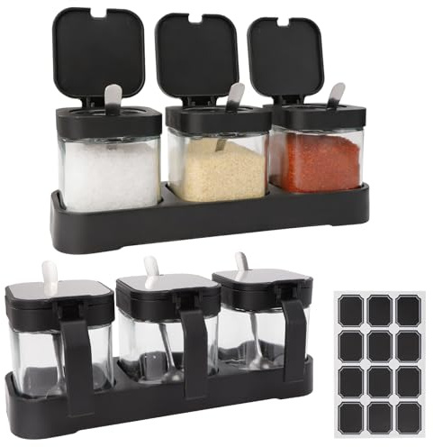 SICANAUO 2pcs 3 Grids Glass Seasoning Box with Tray, 255ml Clear Condiment Jars with Lids and Spoons, Storage Container with Labels for Spices, Seasoning, Seeds, Grains, Sugar and Salt(Black)