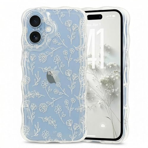 Micoden for iPhone 17 Case Clear with Flower Floral Anti-Yellowing | Cute Curly Wave Frame,Soft TPU Slim Bumper,Shockproof Anti-Scratch Protective Wavy Cover for Girls Women-White