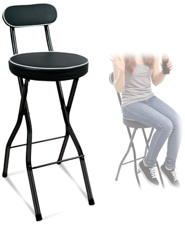 Sgabello da bar pieghevole, sgabelli pieghevoli alti fino al bancone, sedie con schienale imbottito rotondo, poggiapiedi(Black,60cm/24in)