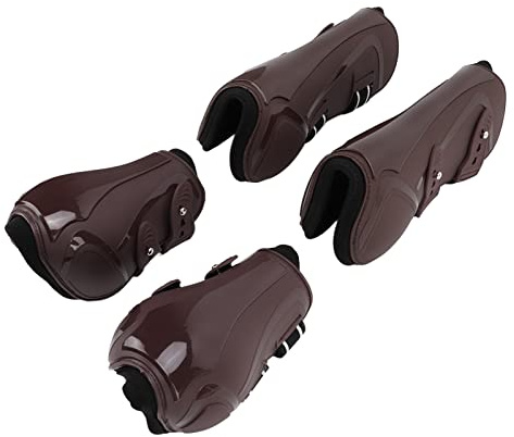 Sehnengamaschen für Pferde, Streichkappen mit offener Vorderseite für Pferde, PU-Sehnen-Fesselkappenschutz mit PU-Schale, verstellbare, verdickte Vorder- und Hinterbeingamaschen (brown set XL)